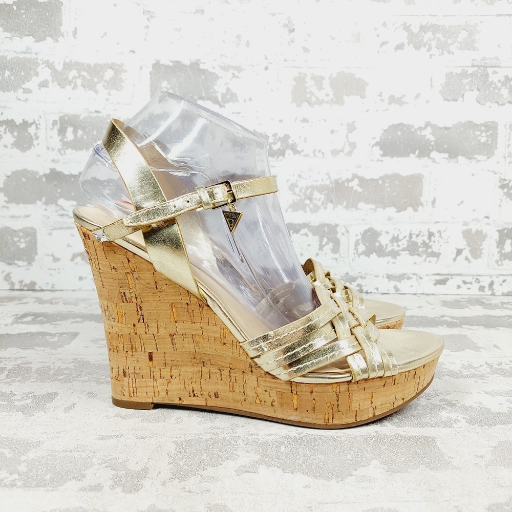 New Guess Project Gold Platform Cork Wedge Sandals B457 - Picture 7 of 13